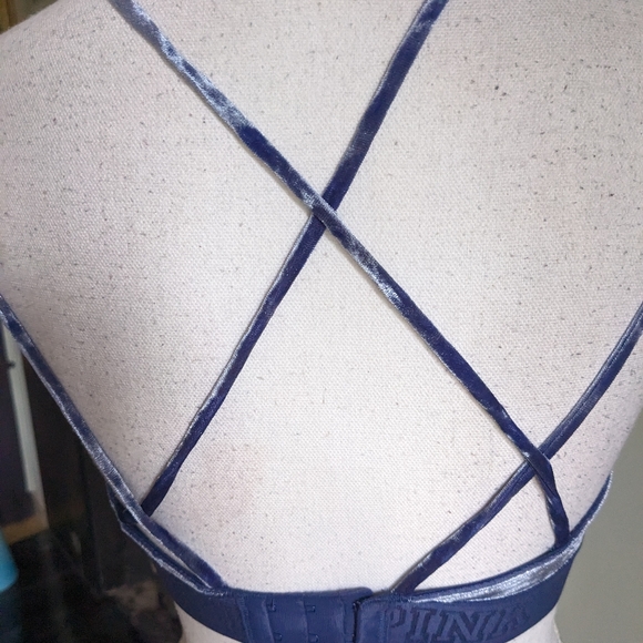 PINK Victoria's Secret Wms Small Velvet Unlined Bra Bralette Blue CrissCross 110 - Picture 6 of 10